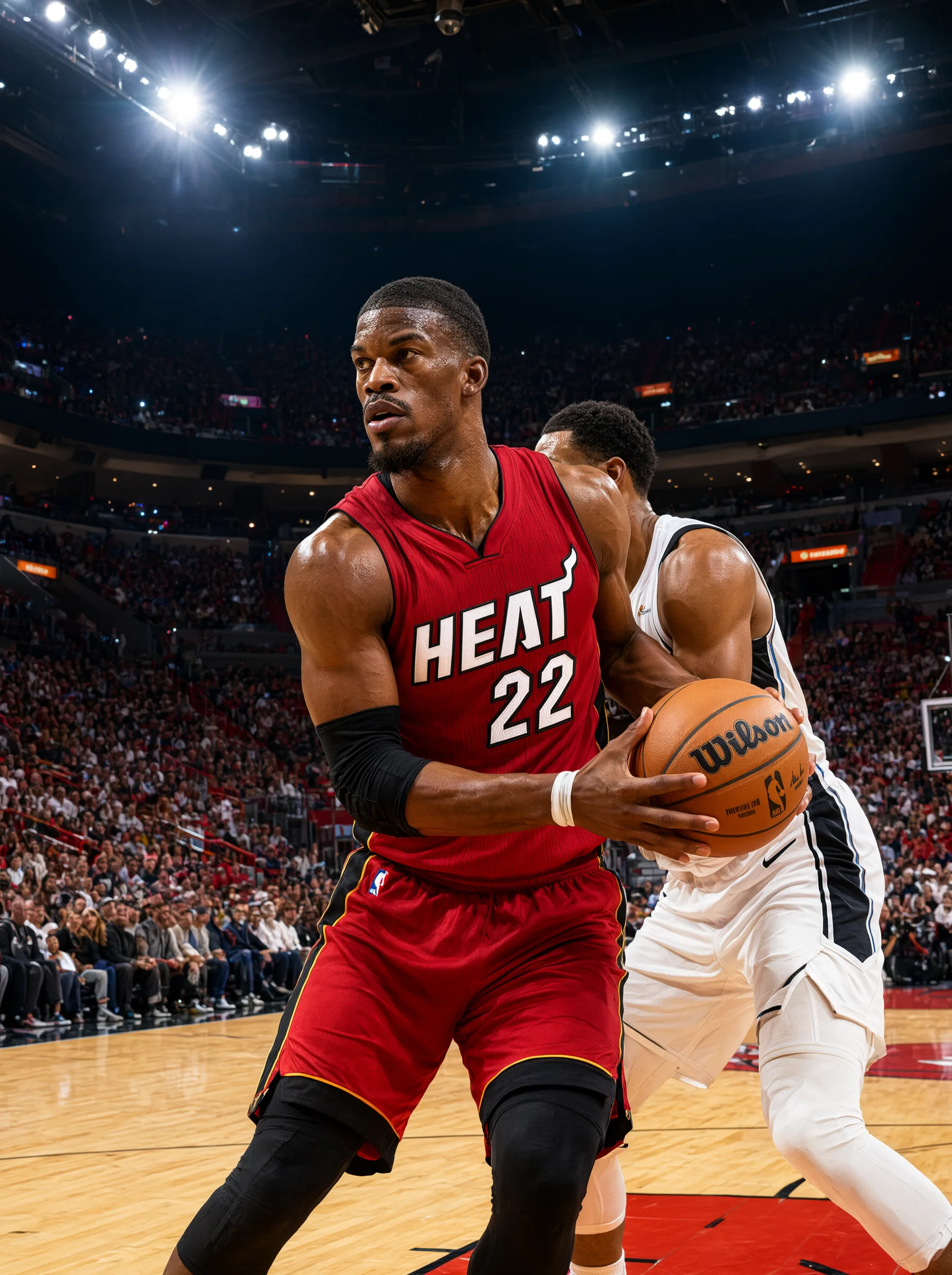 一名身穿红色"HEAT 22"球衣、戴黑色护臂的篮球运动员双手持球于身前，神情专注，身后一名白衣球员贴身防守对抗；背景为灯光明亮的球馆与满座观众席。