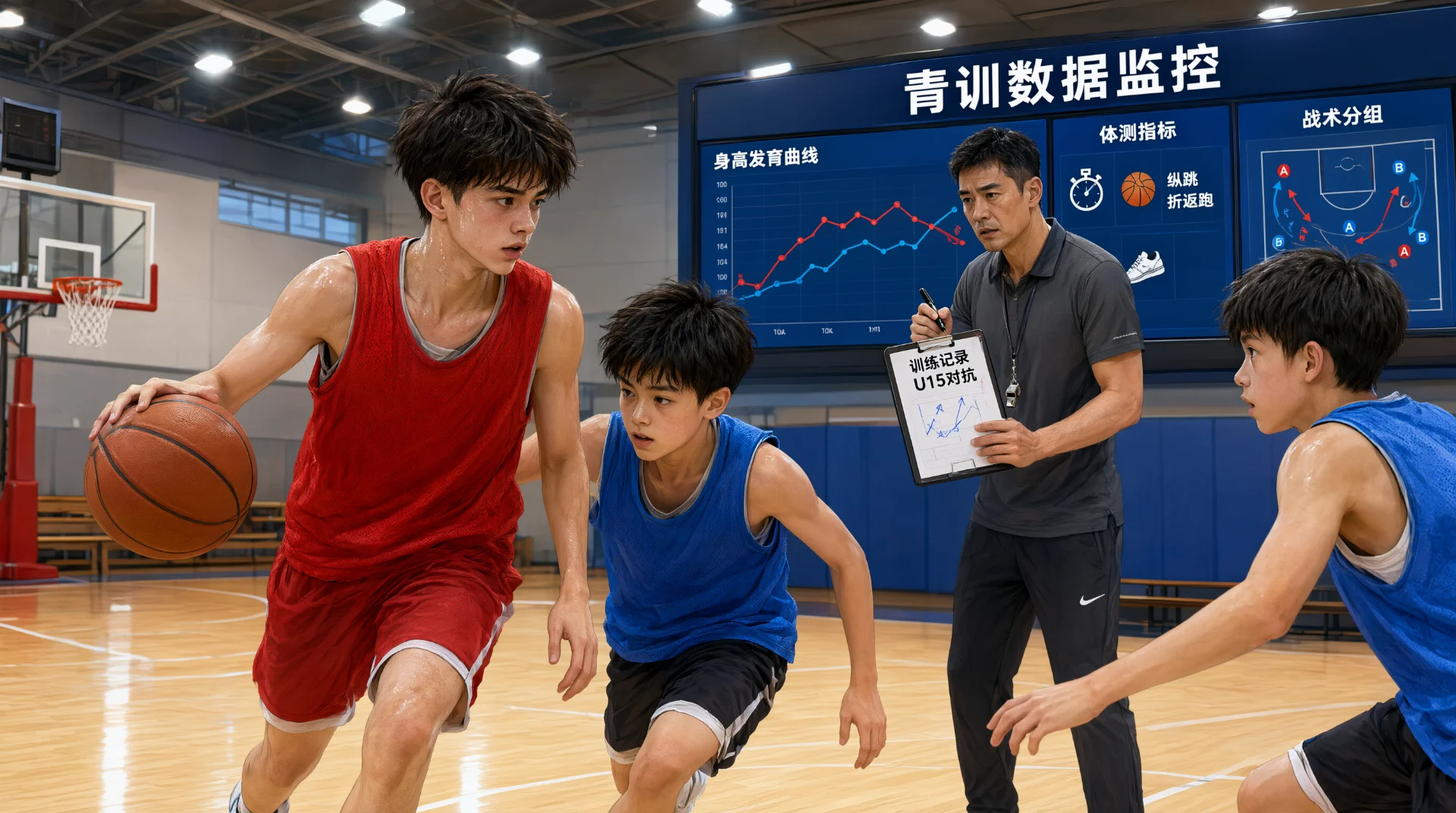 篮球馆内，红衣少年运球突破，两名蓝衣少年防守对抗；一名灰衣男子手持记录板在旁观察。背景大屏显示"青训数据监控"及身高曲线、体测指标、战术分组图表。